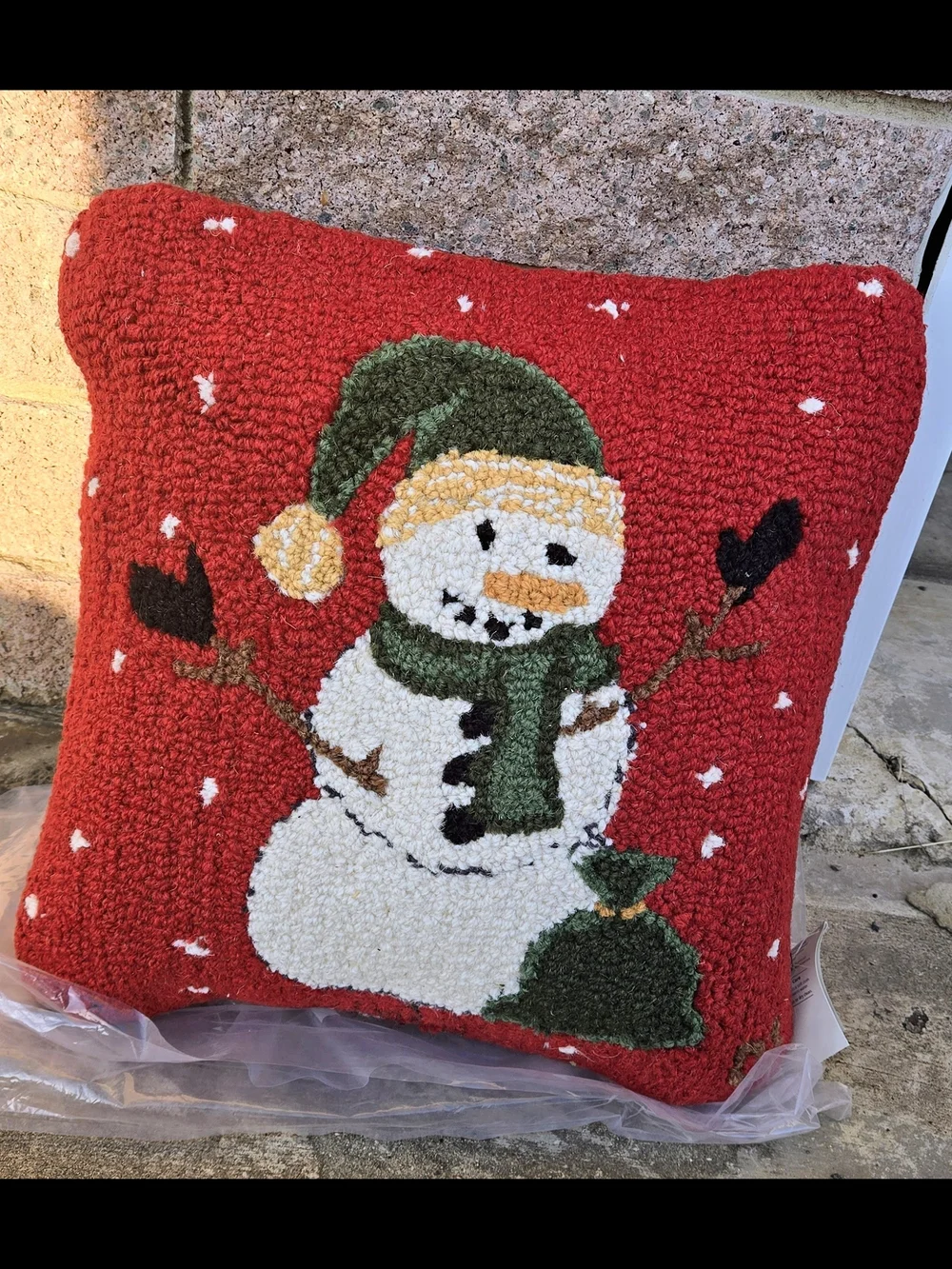 Garnet Hill Chandler 4 Corners Red Hooked Snowman Pillow with Green Accents